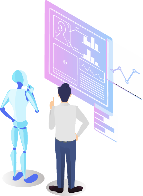 ロボットと人がアナリティクスを分析しているイラスト